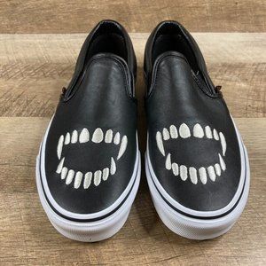 VANS Fangs Classic Slip On Skate Shoes Black Leather Mens 7 Womens 8.5 NEW